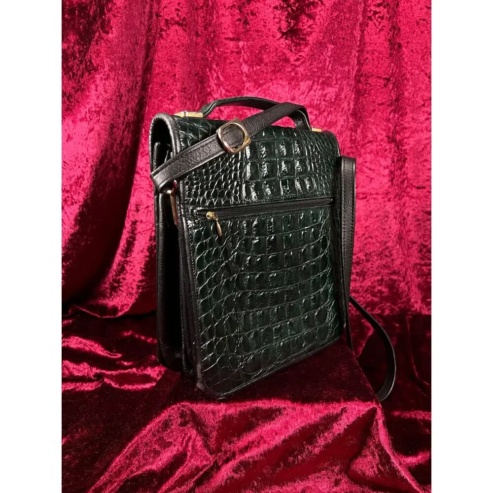 Vintage Emerald Green Leather Crossbody Bag - Croc Embossed Top Handle Purse